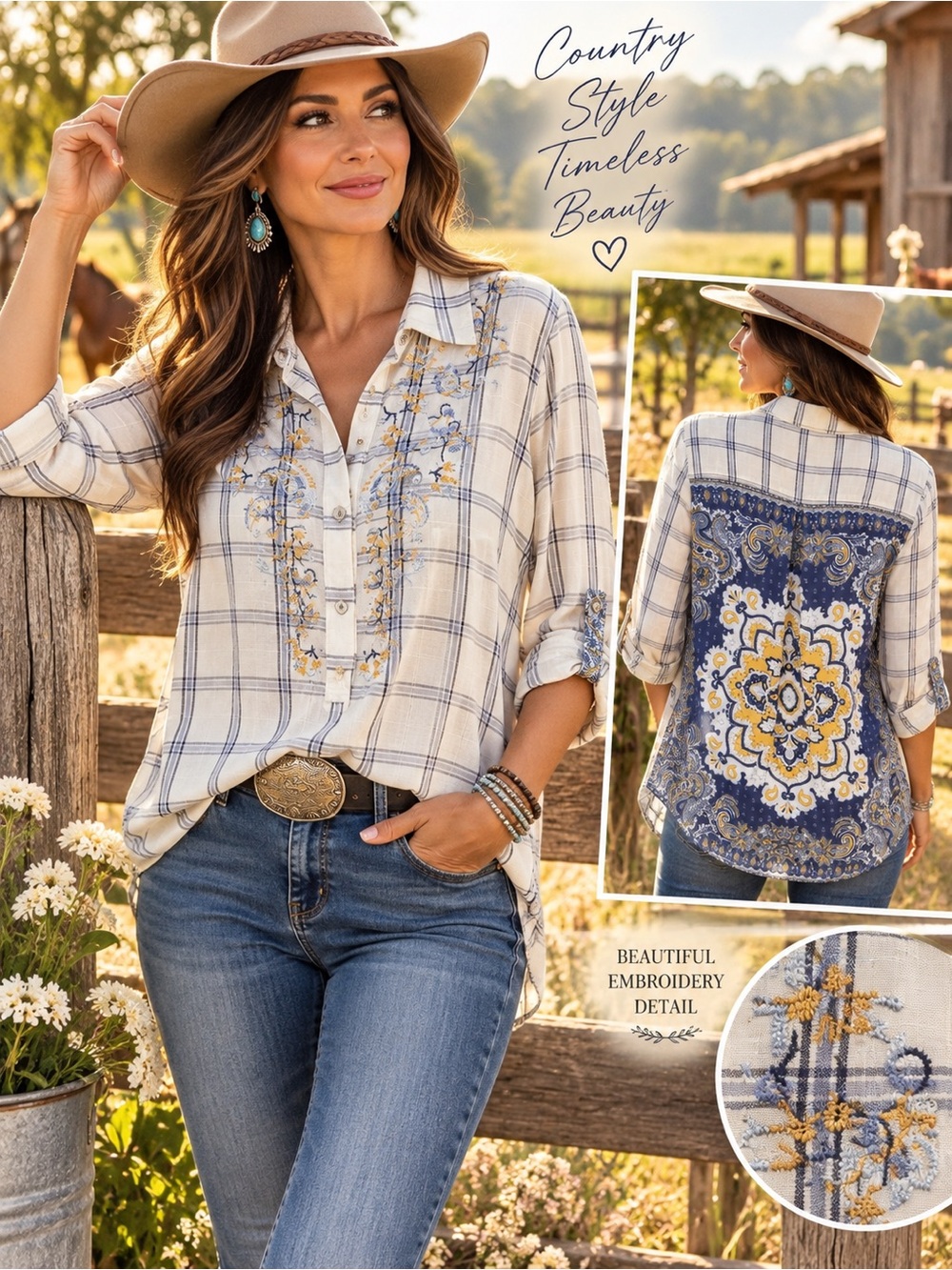 Multiples Embroidered Plaid Paisley Boho Western Tunic Top Small